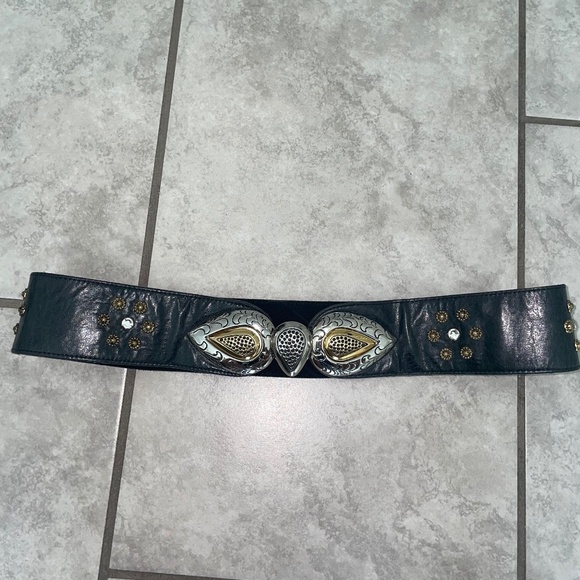 MIKKI G VINTAGE RARE Black Leather Custom-Cast Pewter Gold Swarovski Belt - Picture 11 of 11